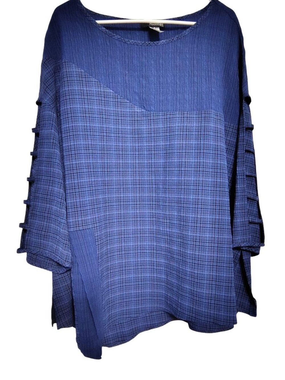 Moonlight Y&S XL Tunic Top Dark Blue Check Cut Out on Arms Lagenlook Art to Wear